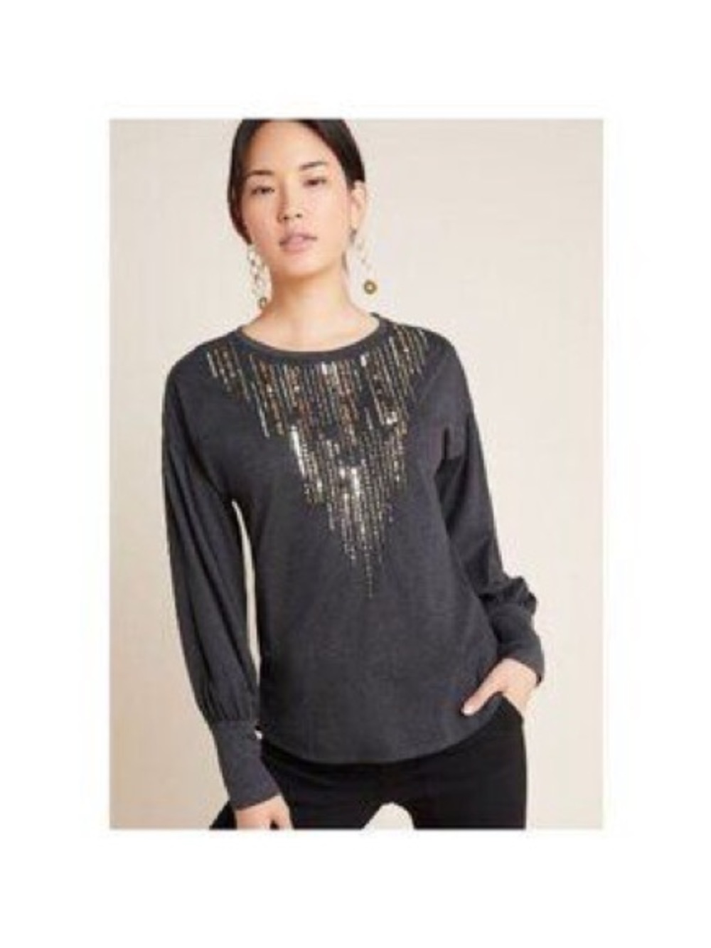 NWT Tiny Anthropologie Charcoal Sequin-Accent Long Sleeve Top $98